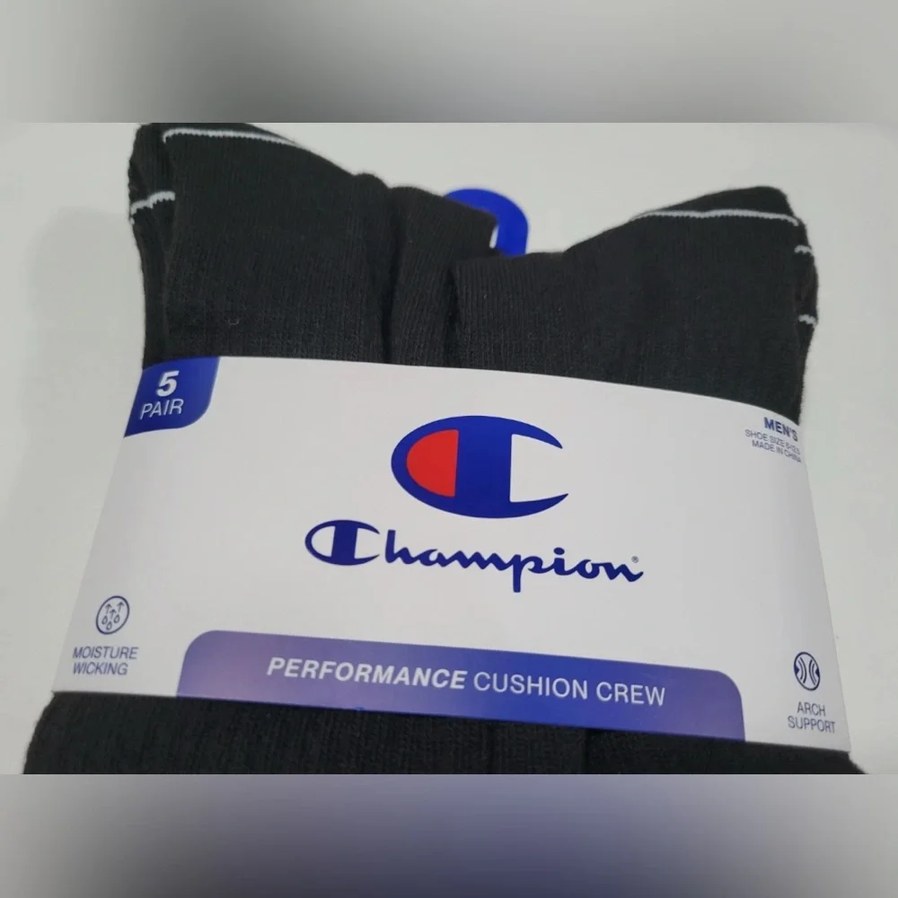 NEW Champion Men’s Performance Cushioned Crew Socks 5 pairs black size 6-12